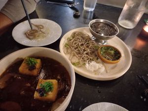 Zaru Soba and Mushroom Agedashi (with Tofu). at Bar Yuki in Milton
