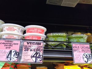 Caramelized onion dip, salmonesque spread, and pesto at Trader Joe's in Naples