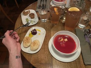 Beetroot soup, homemade bread, vegetable tartar, small nut cakes. Appetisers included in the main dish price.   at Zebra in Bern