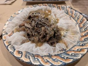 Mushroom and leek on crispy rice. Disappointing at Mestiça NewClassic in Cordoba