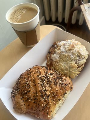 Everything croissant with tofu cream cheese and a drip coffee with half and half  at Fatty Bear - Vegan Pastries  in Toronto