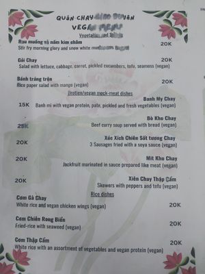 Menu at Quán Chay Gieo Duyên in Da Nang