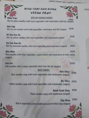 Menu at Quán Chay Gieo Duyên in Da Nang