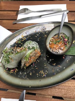 Rice paper roll with tempeh and other delicious filling at Das Reiskorn in Stuttgart