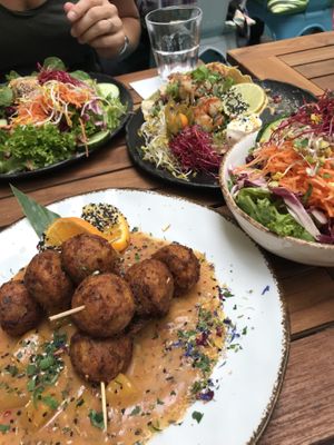 Vegan Falafel with mango sauce (SO good!), side salad, ceviche, salad with a big piece of cheese  at Das Reiskorn in Stuttgart