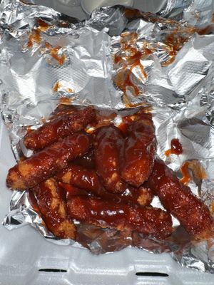 Vegan BBQ Wings with celery under the foil and vegan ranch! 11/10 Always recommend :) at Earth Bistro in Cleveland