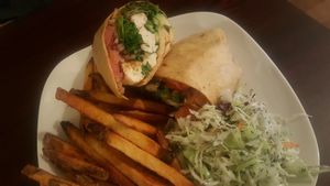 marinated tofu wrap with seasoned fries at Earth Bistro in Cleveland