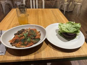 Plant based burger (lettuce wrap) and Spaghetti Squash with mushrooms and spinach 🔥🔥🔥  at True Food Kitchen - Fashion Valley Mall in San Diego