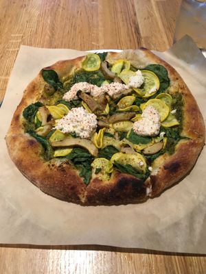 Grilled artichoke & pesto pizza.
Artichoke, spinach, summer squash, black walnut pesto, lemon, aleppo chili, vegan almond ricotta at True Food Kitchen - Fashion Valley Mall in San Diego