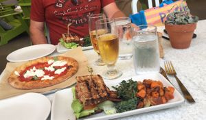 TLT sandwich with kale salad and sweet potato hash and margarita pizza at True Food Kitchen - Fashion Valley Mall in San Diego