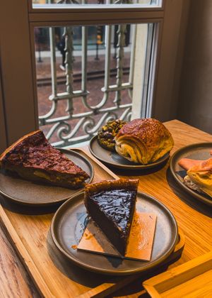 Quiche Loraine, Chocolate Tart, Pan Au Chocolat, Pistachio cookie, Parisian sandwich #Veganuary at Land & Monkeys - Les Halles in Paris