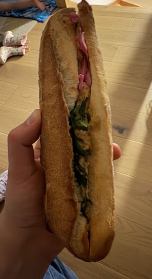 Vegan tuna and pickled onion baguettee  at Land & Monkeys - Les Halles in Paris