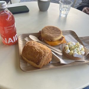 Breakfast Sandwich, Pain Au Chocolat, Citrus Tartelette, and Organic Lemonade   at Land & Monkeys - Les Halles in Paris
