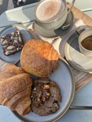 pain au chocolat, espresso, brownie, chai latte & croissant and cookie   at Land & Monkeys - Les Halles in Paris