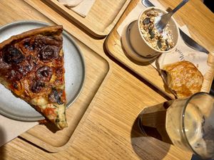 Quiche, yogurt & granola, and pain au chocolat at Land & Monkeys - Les Halles in Paris