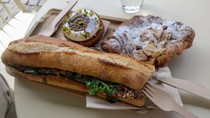 Banh mi roll, almond croissant, and azahar at Land & Monkeys - Les Halles in Paris