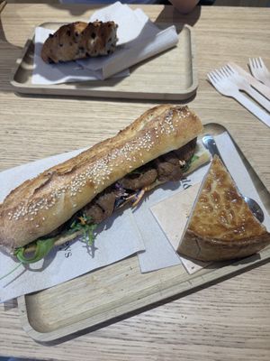 Vegan farmer baguette and vanilla flan!  at Land & Monkeys - Les Halles in Paris