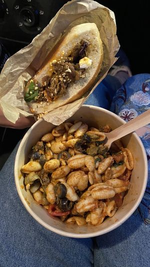 Italian pastasalad, kebap sandwich  at Land & Monkeys - Les Halles in Paris