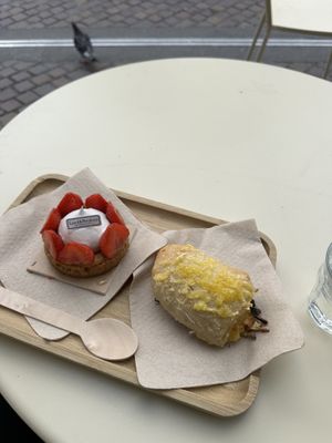 Strawberry tart and ham & cheese roll  at Land & Monkeys - Les Halles in Paris