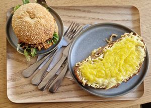 Our breakfast - bagel has only vestigial hole at Land & Monkeys - Les Halles in Paris