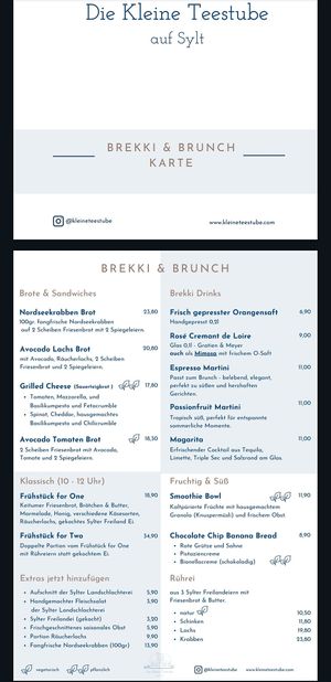 Menu: Grilled Cheese Sandwich, Smoothie bowl and Chocolate Chip Banana Bread are vegan at Die Kleine Teestube auf Sylt - Café & Deli in Sylt