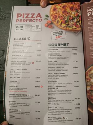 Menu at Panarottis in Western Cape