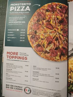 Menu at Panarottis in Western Cape