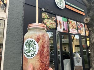 Arasi smoothie = apple juice, banana with mixed nuts, dates, vimto (blueberries) topped with apple slices and coconut  = one of the best smoothies I’ve ever had  at Adam and Eve Cafe in Birmingham