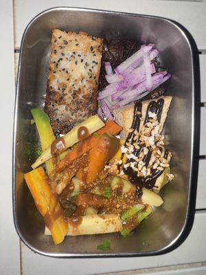 Tofu bento - crispy sushi rice, steamed veggies & red miso  at Kitoko Maui in Kihei