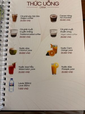 Beverages Menu. The only non-vegan positions are coffee and cacao, but can be converted to vegan on request. at Sadi Vegan House in Da Nang