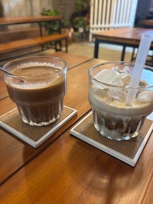 Hot chocolate (don't forget to ask to switch dairy milk to plant-based), and Vegan salted coffee. at Sadi Vegan House in Da Nang