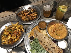 Faux chicken curry thali + pakora  at The Sudra - 28th Ave in Portland