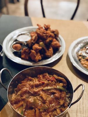 Soy curl tikka masala, Broccoli and Cauliflower pakora at The Sudra - 28th Ave in Portland
