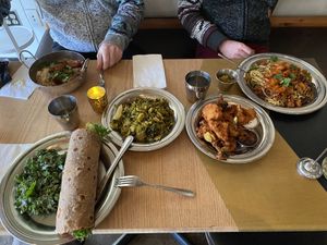 Kati roll, Indo-Chinese chicken and noodles, chicken Chettinad bowl, turmeric Brussels sprouts, and pakora !  at The Sudra - 28th Ave in Portland