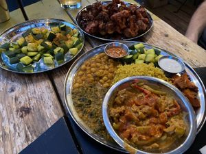soy curl tikka masala plate, spicy cucumber, broccoli and cauliflower pakora at The Sudra - 28th Ave in Portland