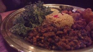 The Pakora Plate! Its broccoli and cauliflower pakora with the blueberry-mint chutney? Yes! More please! at The Sudra - 28th Ave in Portland