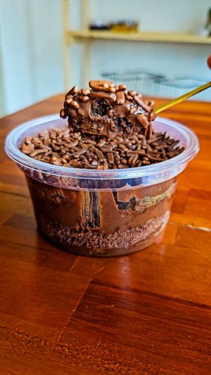 Bolo de Pote sem gluten com ganache de chocolate at Café Veg Mãe e Filha in Sao Paulo