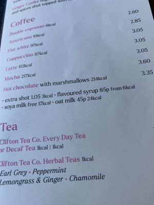 The coffee menu - soy milk is free!   at The Cosy Club in Cardiff