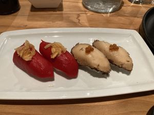 Roasted Red Pepper, Lions Mane Nigiri #Veganuary at Village of OM in Sacramento