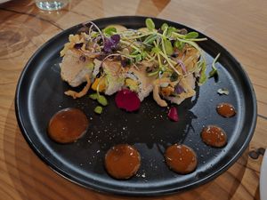 "The Village" smokey yam, okra, and lions mane roll at Village of OM in Sacramento