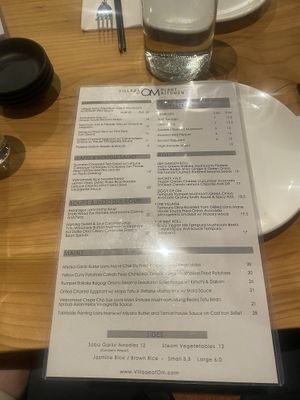 Menu  at Village of OM in Sacramento