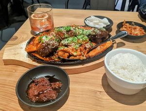 Trumpet Iron Skillet Bulgogi:
Grilled Trumpet Mushrooms, Onions, Kimchi, Daikon, Broccoli at Village of OM in Sacramento