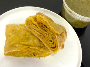 dhalpuri + callaloo (plated at home) at Pam's Kitchen in Seattle