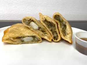 aloo pies (plated at home) at Pam's Kitchen in Seattle