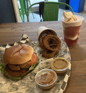 Chicken sandwich, onion rings, cherry float!  at Bad Garden Kitchen in Lancaster