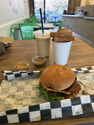 Midnight mischief burger, onion rings, chocolate shake  at Bad Garden Kitchen in Lancaster