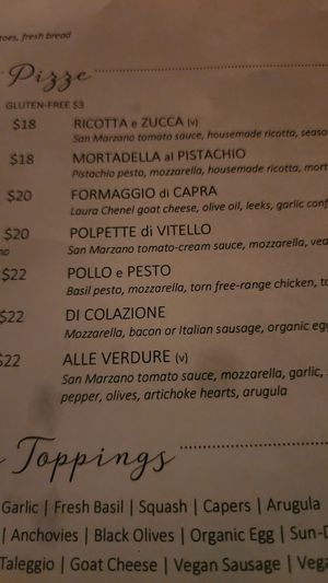 Pizza menu at FERRO in Idyllwild