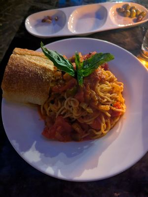 Spaghetti with olives, eggplant, tomato, etc. at FERRO in Idyllwild