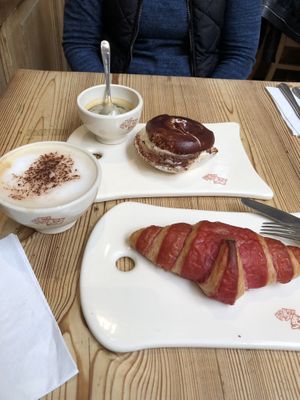 gorgeous vegan hibiscus croissant, with an oat milk cappuccino💗 at Le Pain Quotidien - Varenne in Paris