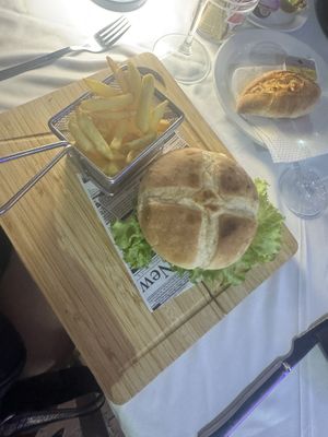 Vegan burger with fries!   at Ten O'Clock in Tenerife